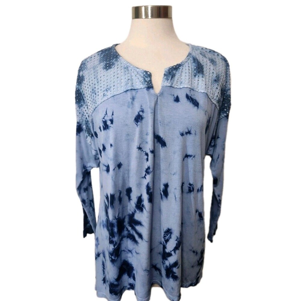 One World Tunic Top Womens 1X  Blue Tie Dye Eyelet Accents Pullover LS Sharkbite